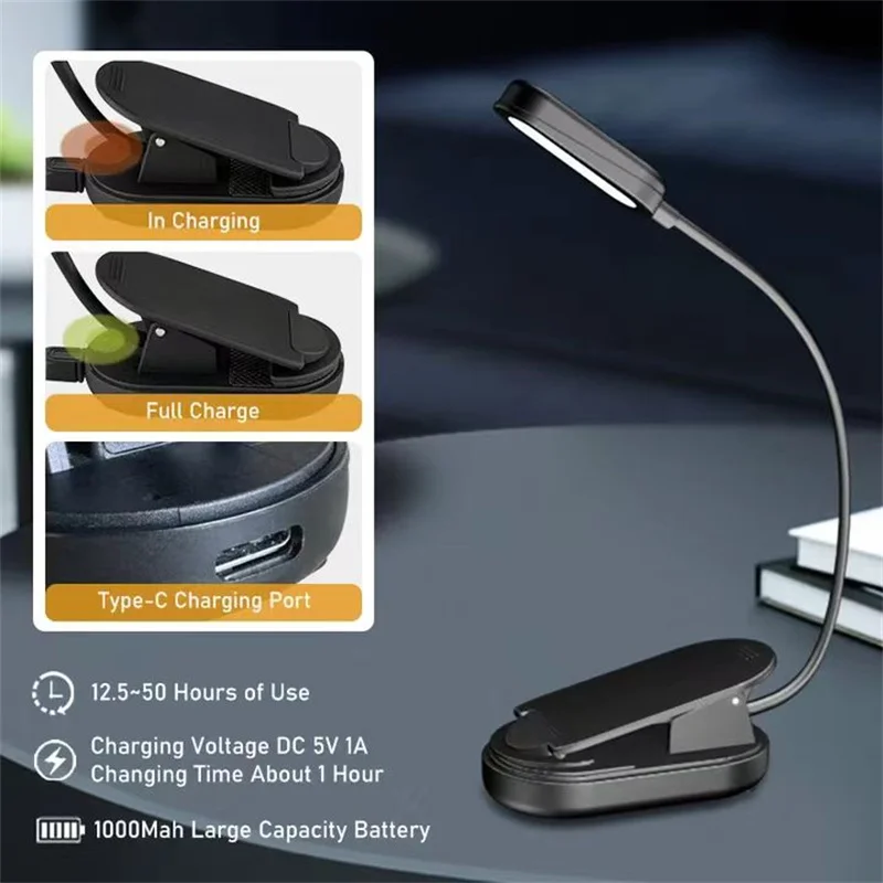 Luz de libro ámbar para lectura nocturna, lámpara de mesa con Clip, USB tipo C, recargable, Led Kindle, bloqueo de luz azul para niños