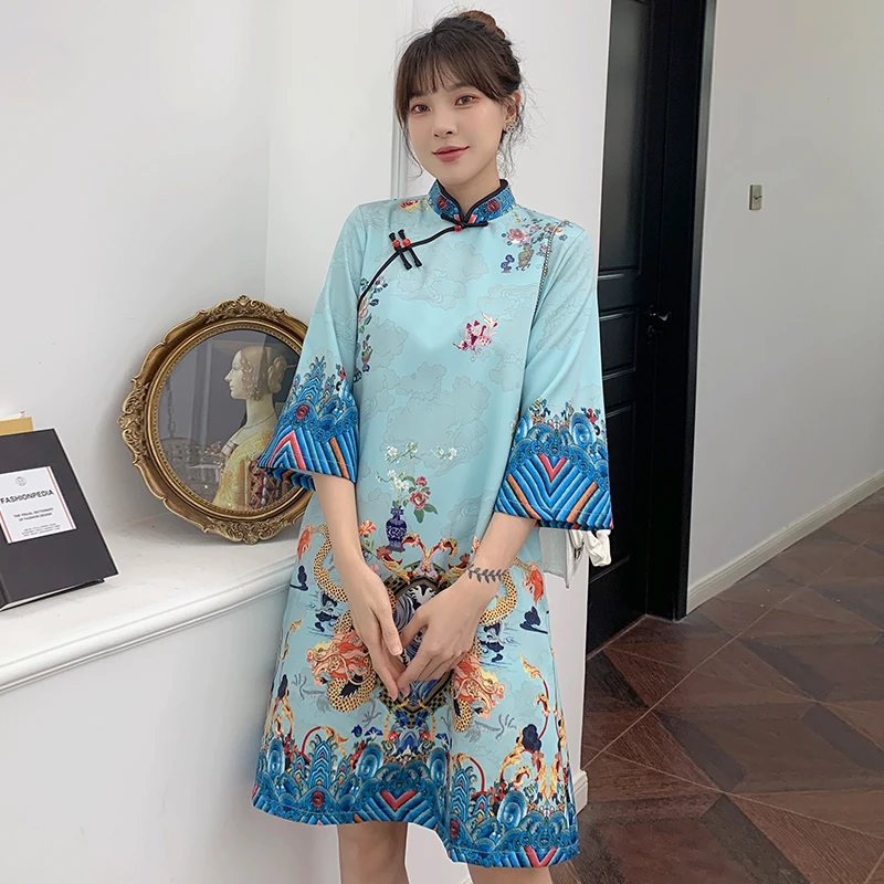 INSสีแดงสีฟ้าหลวม 2021 ใหม่แฟชั่นโมเดิร์นจีนCheongsam A-Lineชุดผู้หญิง 3/4 แขนQipaoเสื้อผ้าจีนแบบดั้งเดิม