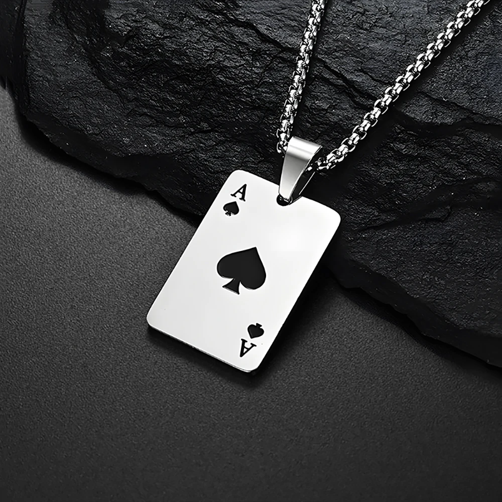 Tarjeta de póker de acero inoxidable de Hip Hop, collar Ace of Spades para hombres, cadena con colgante, joyería de naipes, collares Ace of Hearts