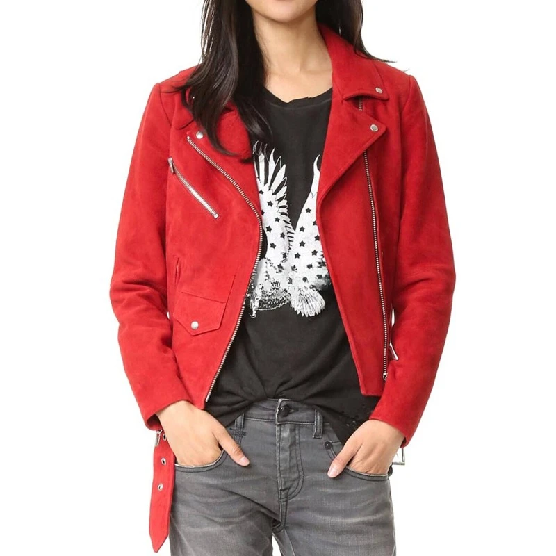 Klassische Frauen Lammfell Wildleder Lederjacke rot Biker modernen stilvollen Racer Mantel
