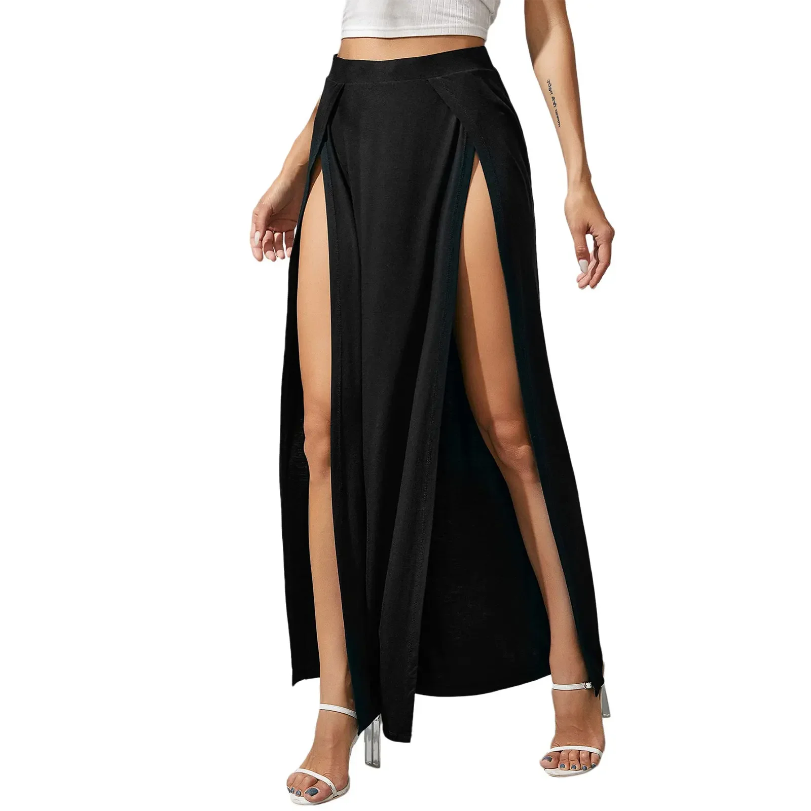 Combhasaki, ropa de playa bohemia de verano para mujer, faldas largas elásticas de cintura alta de Color sólido con abertura alta y ajuste holgado con absorción de sudor