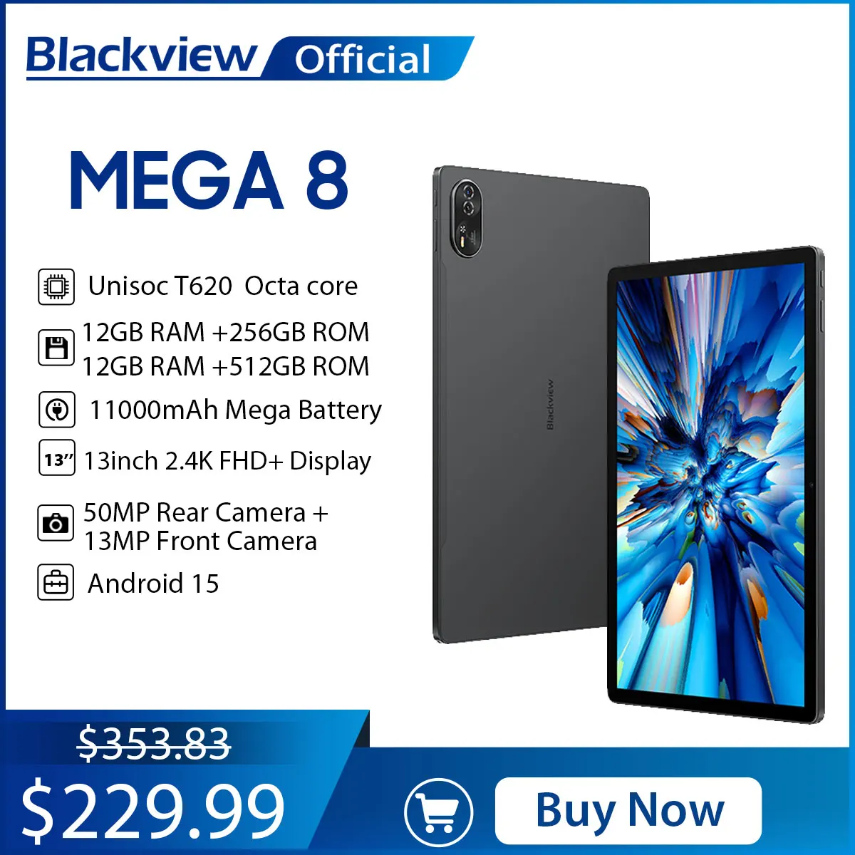 【World premiere】Blackview MEGA 8 Tablet 13 inch FHD+ 90Hz Display 11000mAh  AI Android 15 50Mp Camera 4 BOX Speakers 4G Pad PC