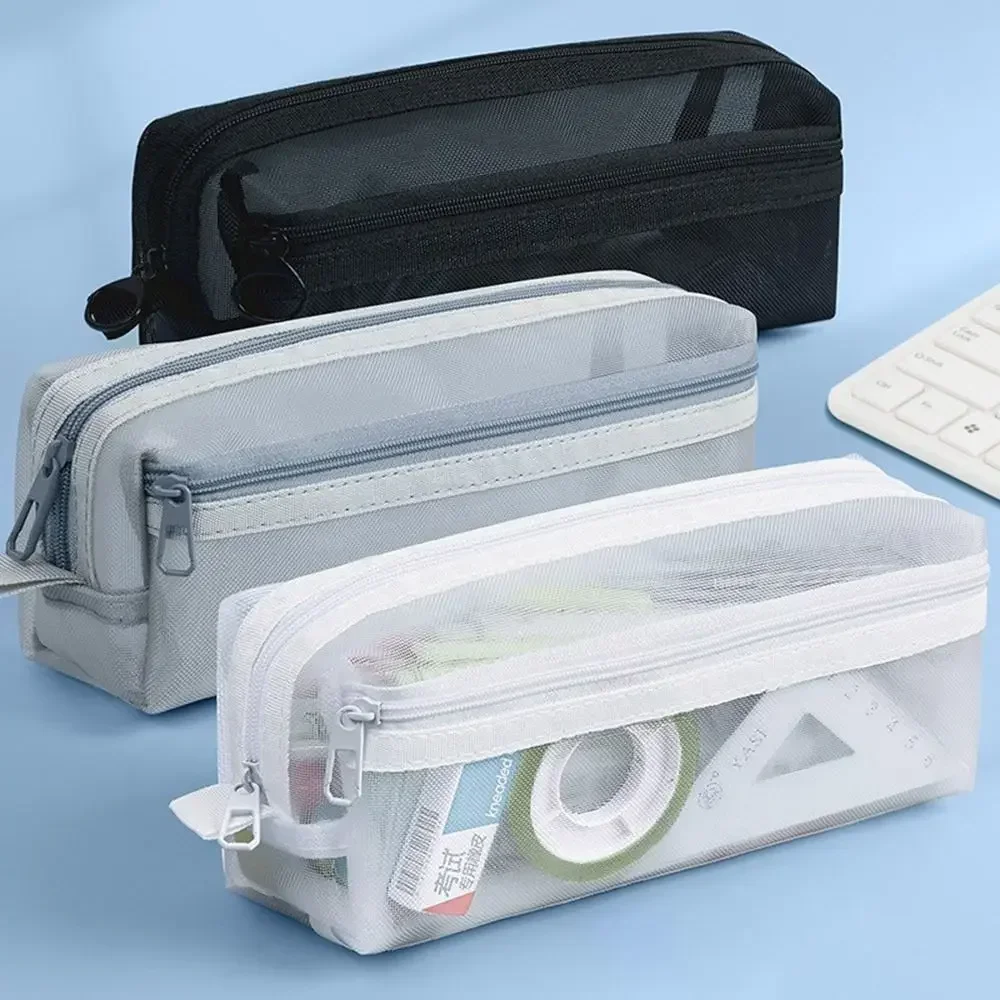 Borsa per penne in rete a doppio strato Borsa per riporre articoli di cancelleria trasparente di grande capacità Organizzatore di forniture per esami con cerniera multifunzionale