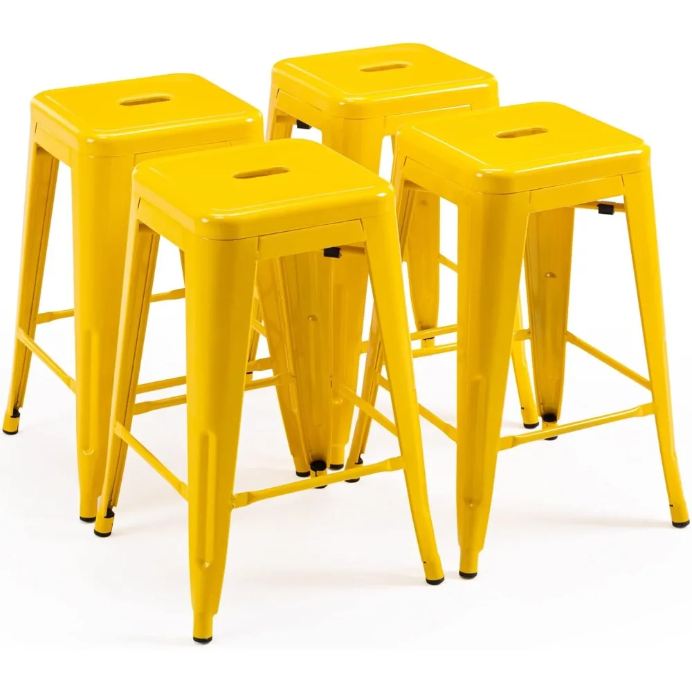 24" High Bar Stools Backless Yellow Metal Barstools Indoor-Outdoor Counter Height Stools with Square Seat, Set of 4