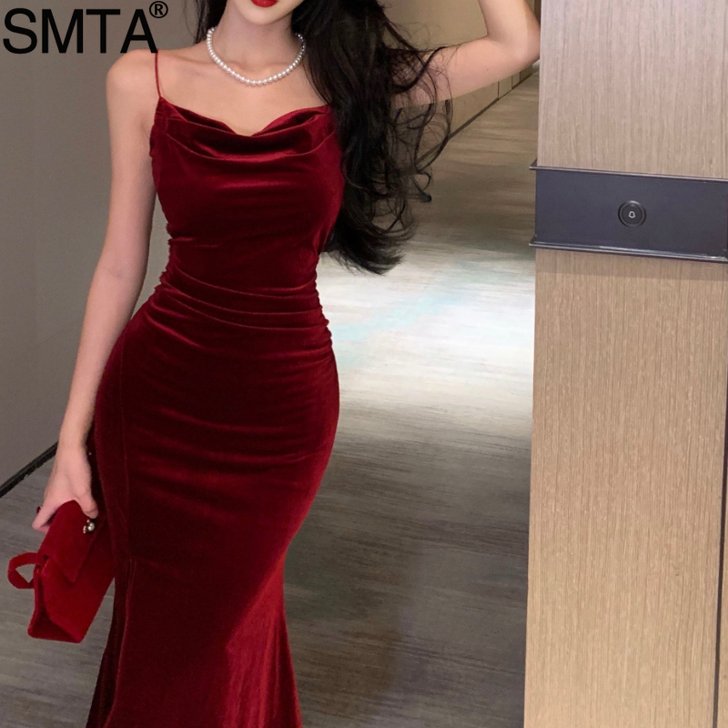 Vintage Sexy Club Prom vestidos rojos para mujer Spaghetti Strap Slit vestido de terciopelo playa vendaje ceñido al cuerpo vestido Midi fiesta elegante