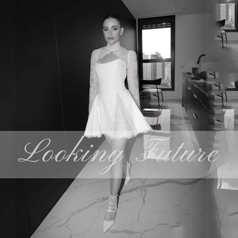 Customized Elegant Lace Short Wedding Dresses Strapless Full Sleeve Mini Bride Dresses Anove Knee 2026 Sexy Tassel Wedding Gowns