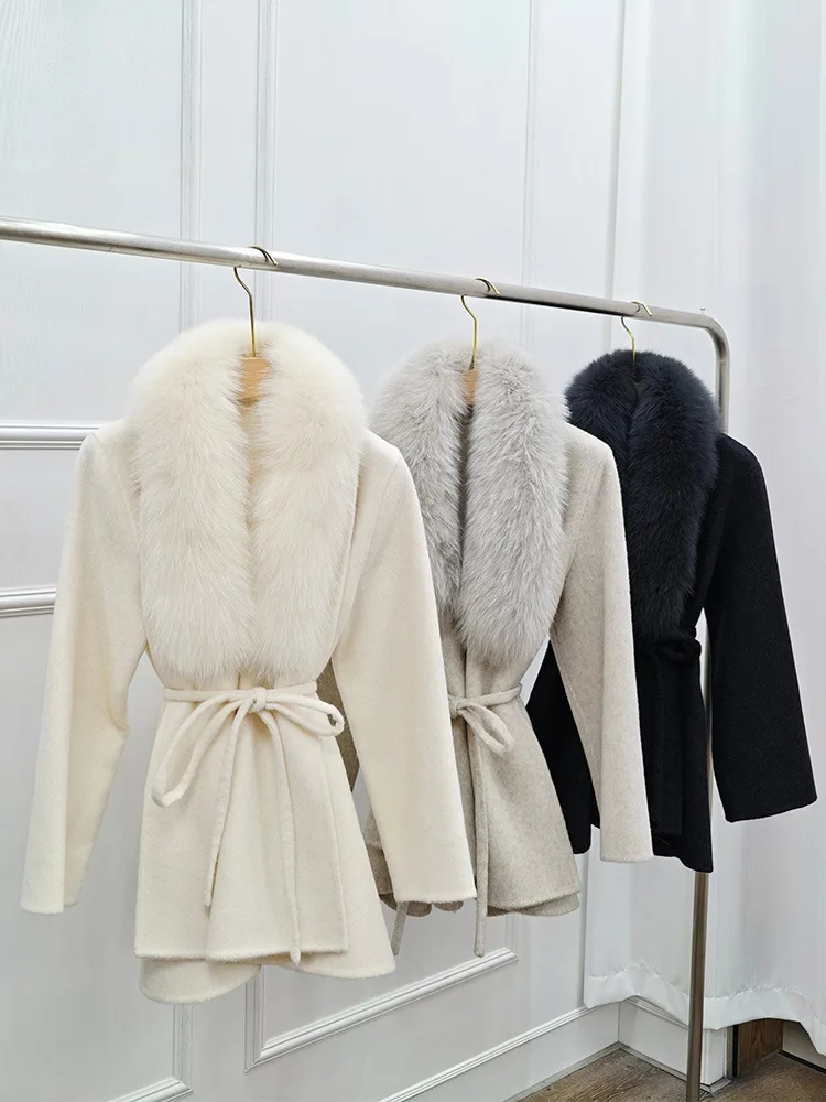 Casacos de lã femininos de inverno de alta qualidade, casaco de caxemira de dupla face com gola de pele real e cinto, jaqueta de luxo para mulheres, roupas quentes de outono