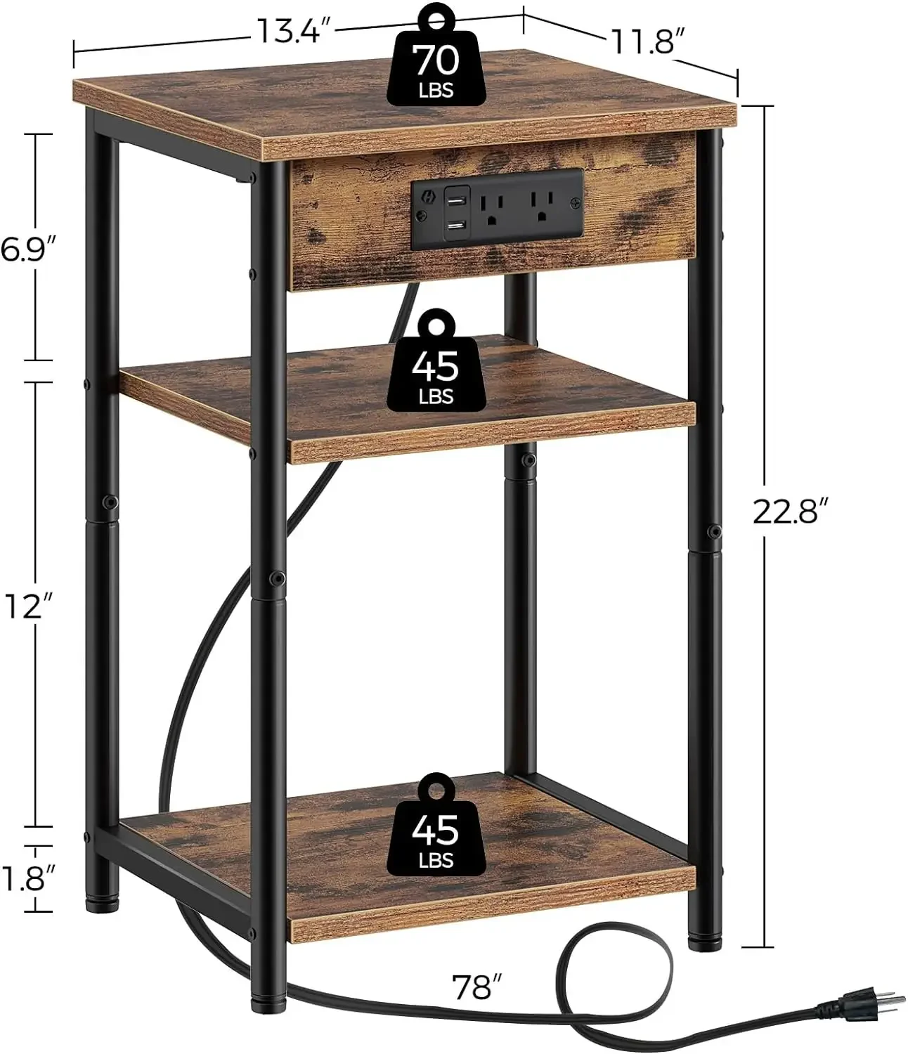 End Table with Charging Station, Nightstand with 3 Storage Shelves, Narrow Side Table with USB Ports & Power Outlets,