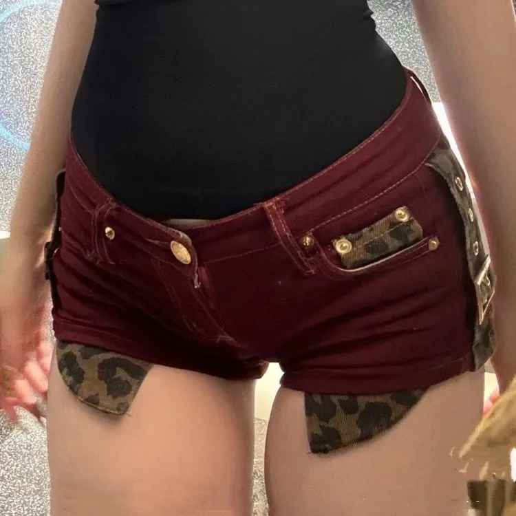 Sexy Low-waisted Bodycon Shorts Y2k E-Girl Leopard Print Patchwork Jeans  2025 Summer New All-match Hot Short Pants