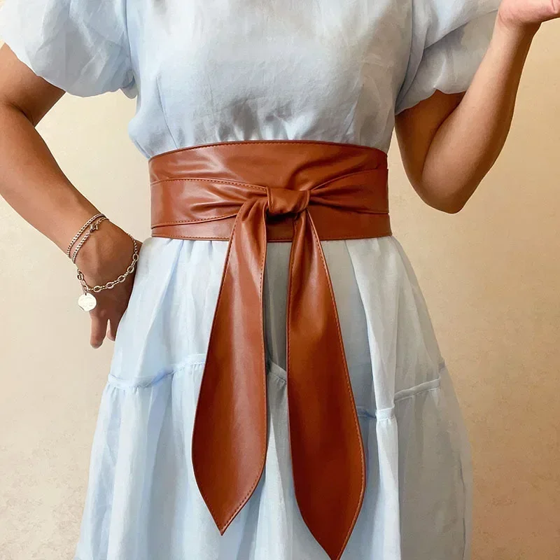 Moda couro do plutônio feminino cinto de arco largo cinto cummerbunds embelezado cintura envoltório casaco vestido decoração acessórios de vestuário