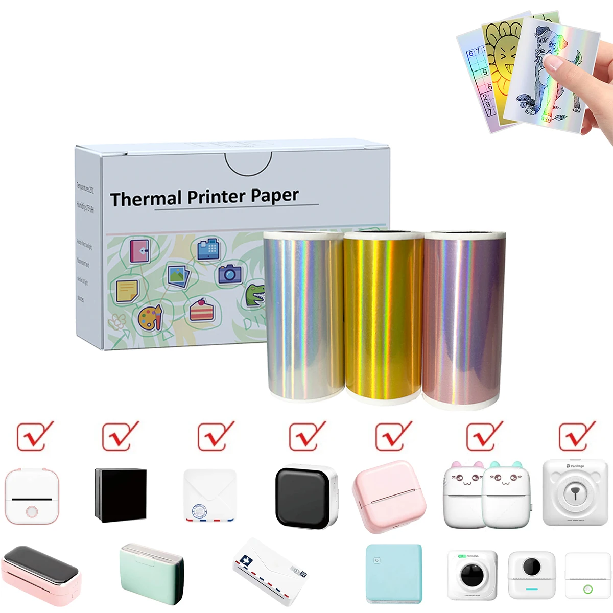 Holographic Thermal Printer Paper Rolls 2.08", 53mm*3m, Laser Receipt Printer Paper Compatible with T02 M02 M03 M832 M834 M835