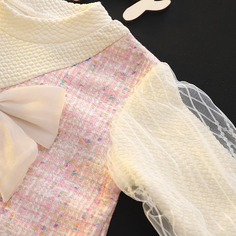 Abiti eleganti per bambini per ragazze Moda Arco Manica lunga Principessa Bambini Festa di compleanno Abito Primavera Morbido Vestiti per bambini Vestito