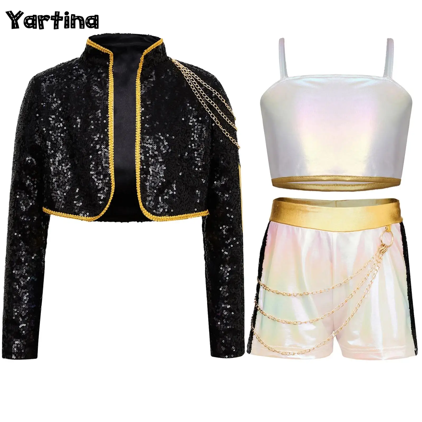 Kids Girls 3Pcs Demon Cosplay Singer Outfit Iridescent Gloss Crop Top Long Sleeve Trim Sequins Outer Wear and Waist Chain Shorts