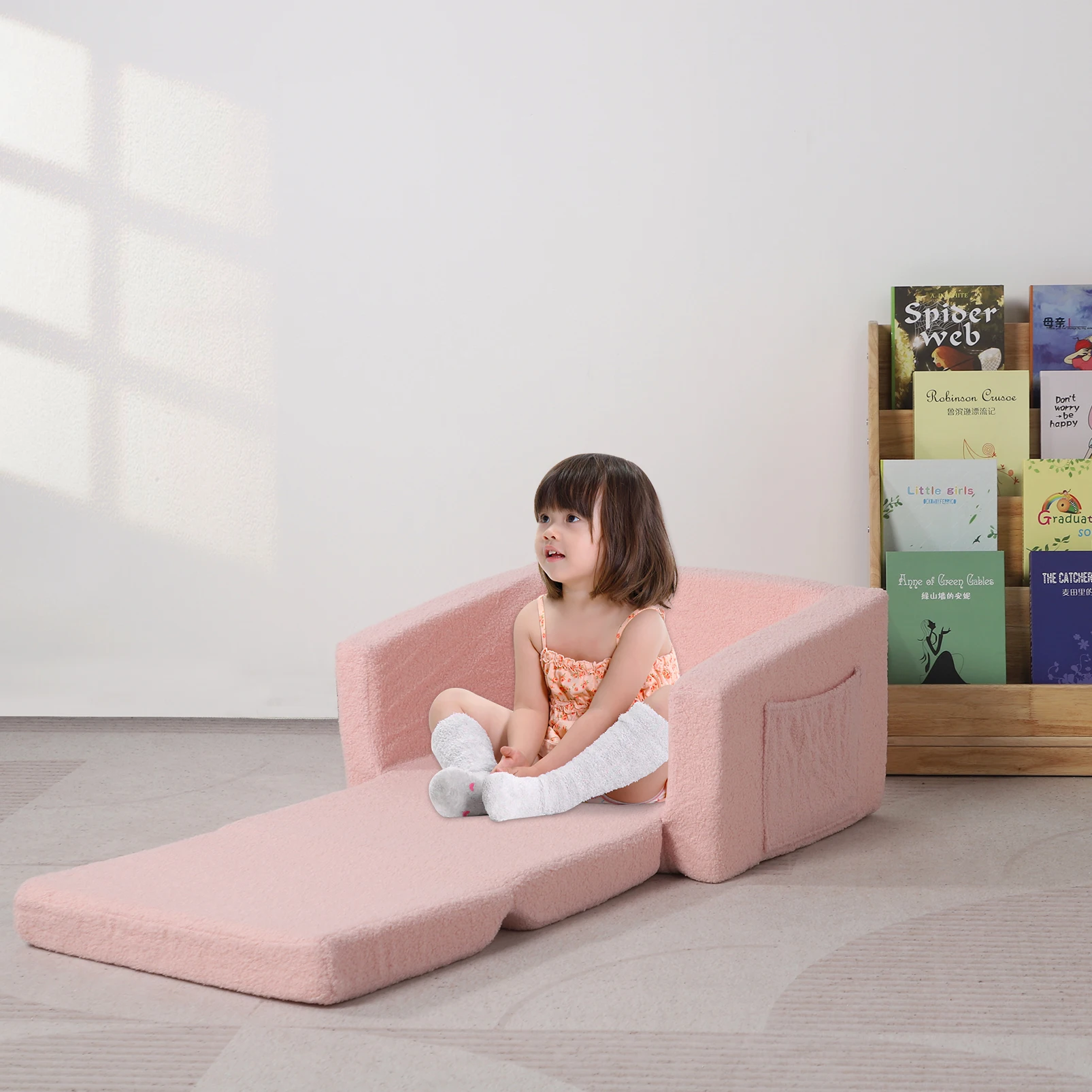 Sofá dobrável infantil, cadeira de descanso para assento infantil com capa sherp, espuma 2 em 1 sofá pequeno conversível para crianças pequenas
