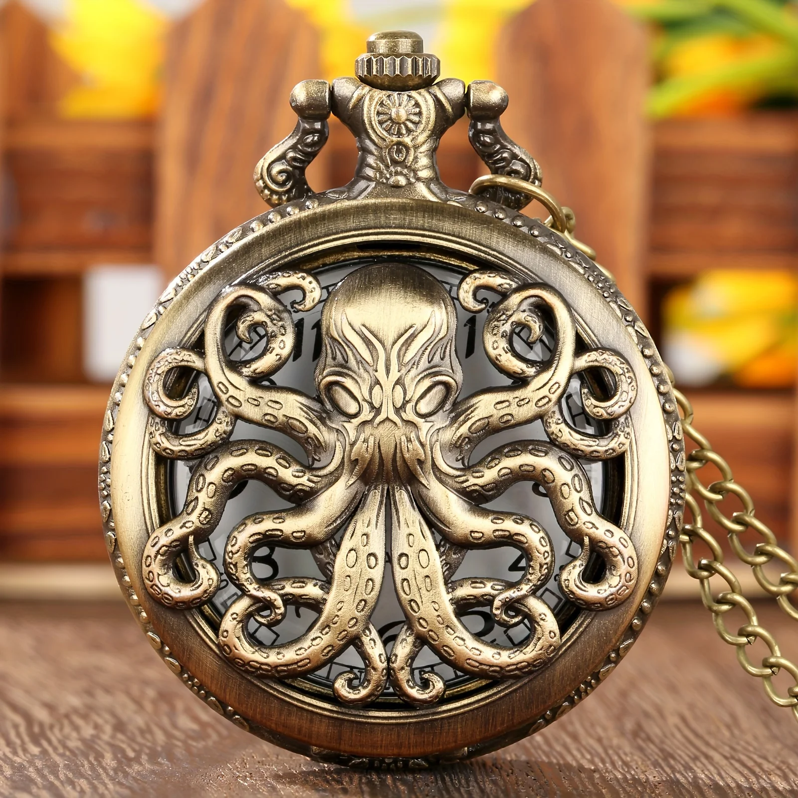 Einzigartige Retro Bronze Octopus Muster Design Quarz Taschenuhr mit Halskette Kette Geschenk für männliche Kinder Chronograph Hombre Uhren