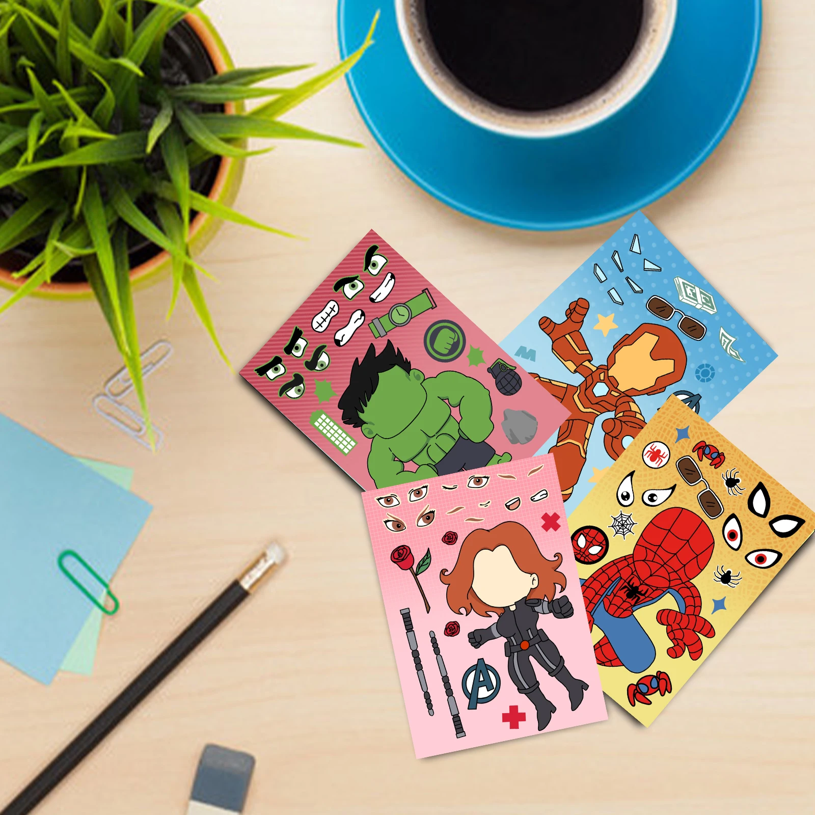 8/16/24 Uds SpiderMan Iron Man pegatina hacer una cara niños DIY rompecabezas divertido Anime montar pegatinas juguetes para niños niñas regalos