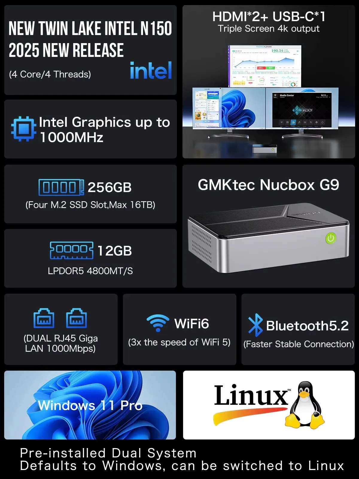 GMKtec G9 NAS Mini PC Intel N150 4-Bay M.2 NVMe Slots Firewall Computer 12G LPDDR5 64GB eMMC Ubuntu 2x2,5G Homelab Server WiFi6