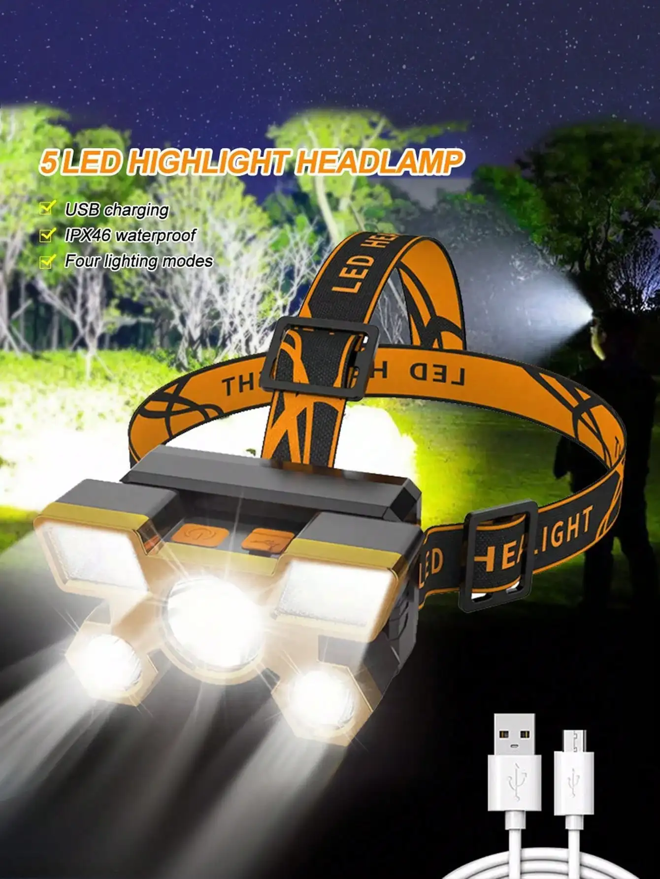 1 unidad, faro LED recargable, 5 LED, recargable por USB, adecuado para acampar al aire libre, exploración, pesca, ciclismo