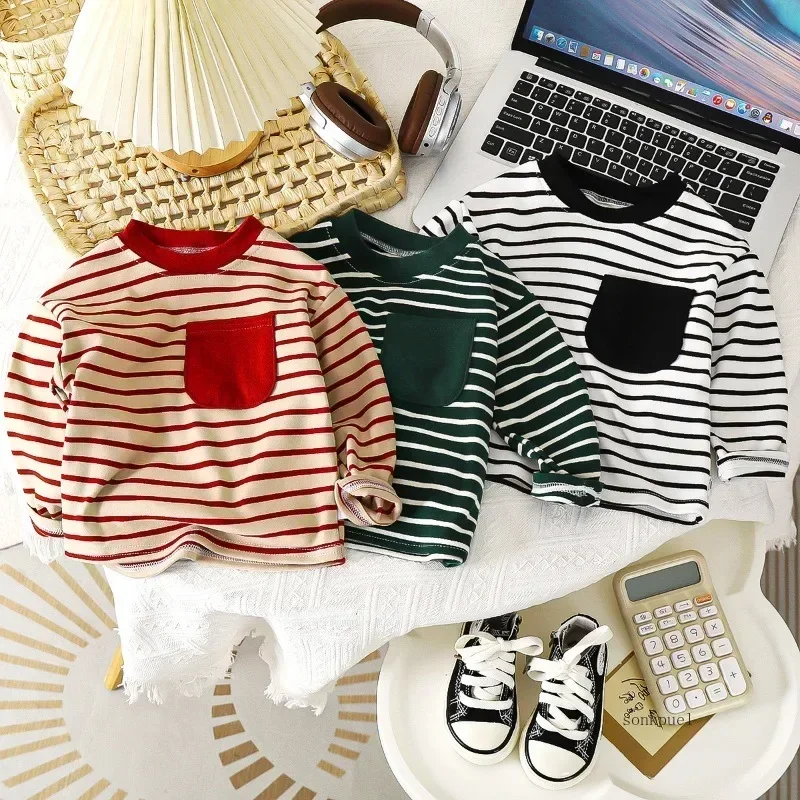 เด็กลาย TShirt ชายหญิงใหม่ Casual หลวม Tees ออกแบบใหม่แขนยาวสีทึบเสื้อให้อบอุ่นในฤดูใบไม้ร่วงและฤดูหนาว