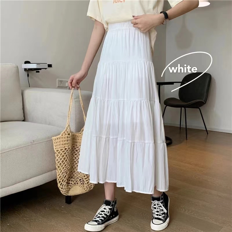 Frühling Sommer Frauen Röcke Vintage Hohe Taille Elastische Patchwork Weiß Schwarz Chic Lange Kuchen A-linie Rock