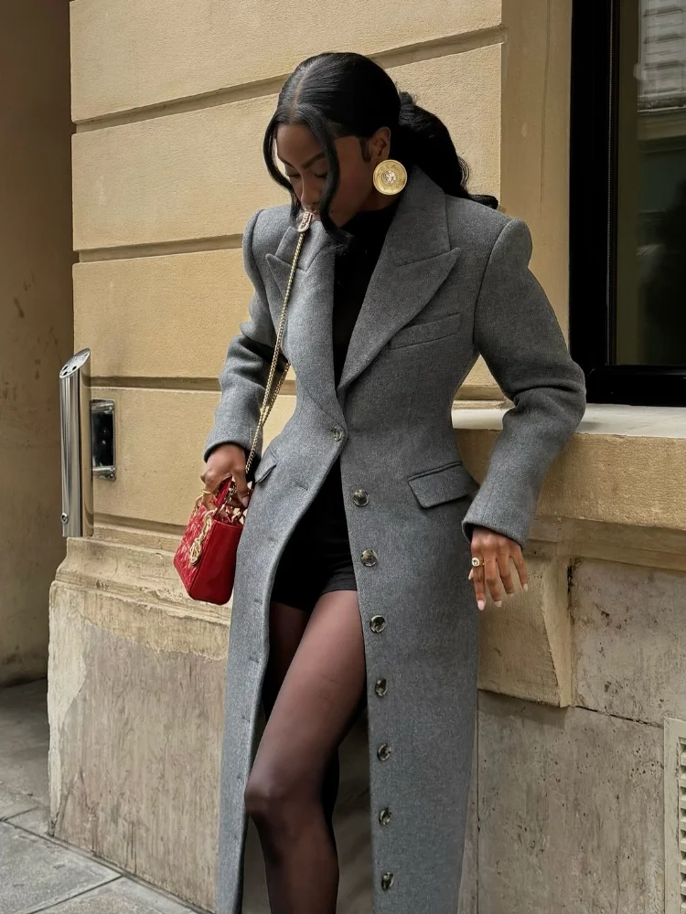 Mode Taille Cinching Woolen Lange Mäntel Für Frauen Revers Langarm einreiher Schulter Pad Mantel Neue Dame Pendler outwear