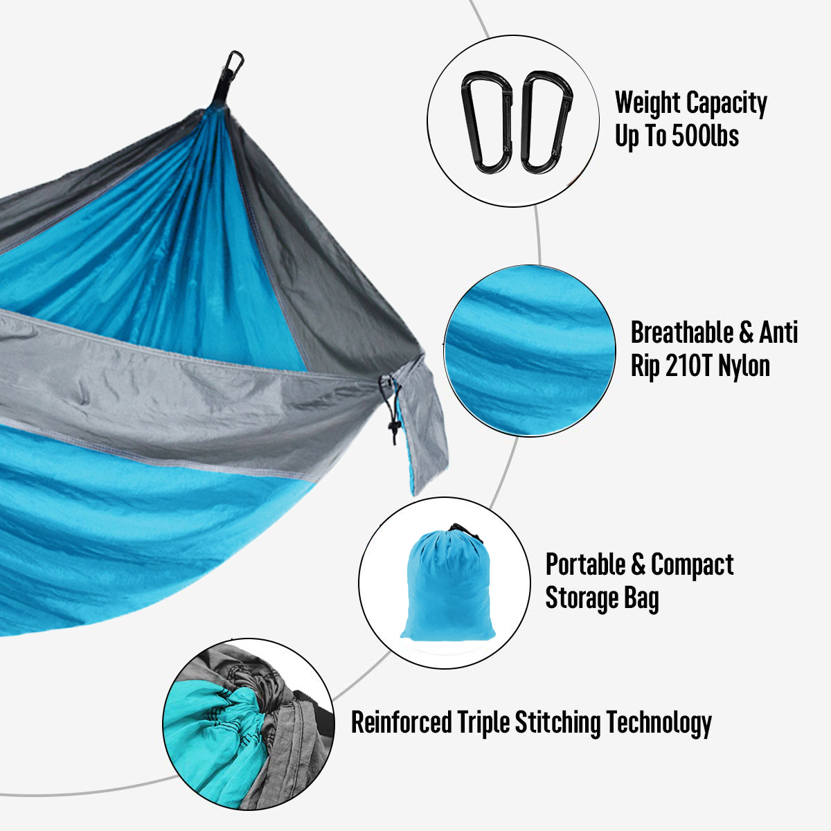 Hammock Parachute com alças e mosquetão preto, Camping, Sobrevivência, Viagem, Pessoa dupla, Mobiliário de exterior, Monocromático