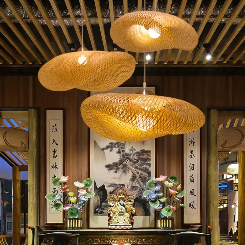 Lámpara colgante de bambú de estilo chino, longitud de línea de 1,5 m, candelabros de cafetería, luz de techo, cafetería para decoración para sala de estar, luces led