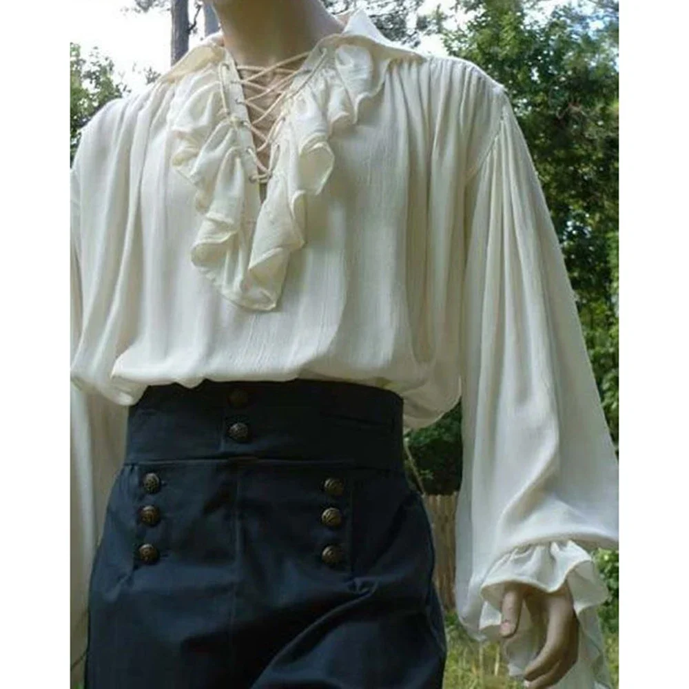 남성 르네상스 의상 프릴 긴 소매 레이스 업 중세 Steampunk 해적 셔츠 코스프레 프린스 드라마 무대 의상상의