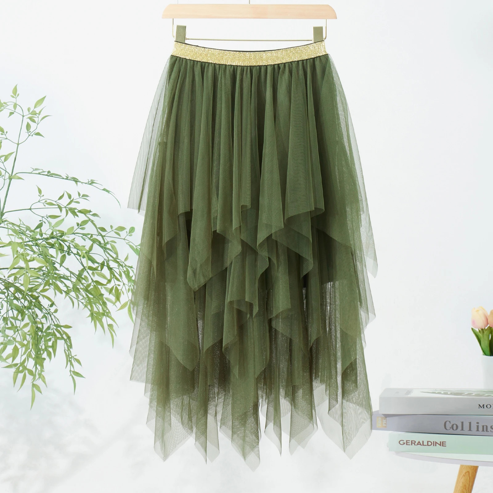 Faldas por debajo de la rodilla verdes para mujer, faldas tutú de tul multicapa con volantes irregulares de cintura alta elástica de Color sólido, ropa de calle alta para mujer