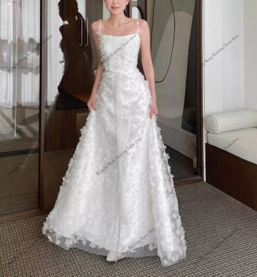 Элегантные свадебные платья трапециевидной формы с 3D кружевными бусинами длиной до пола, корейская фотосессия, без бретелек, вечерние деревенские свадебные платья по индивидуальному заказу