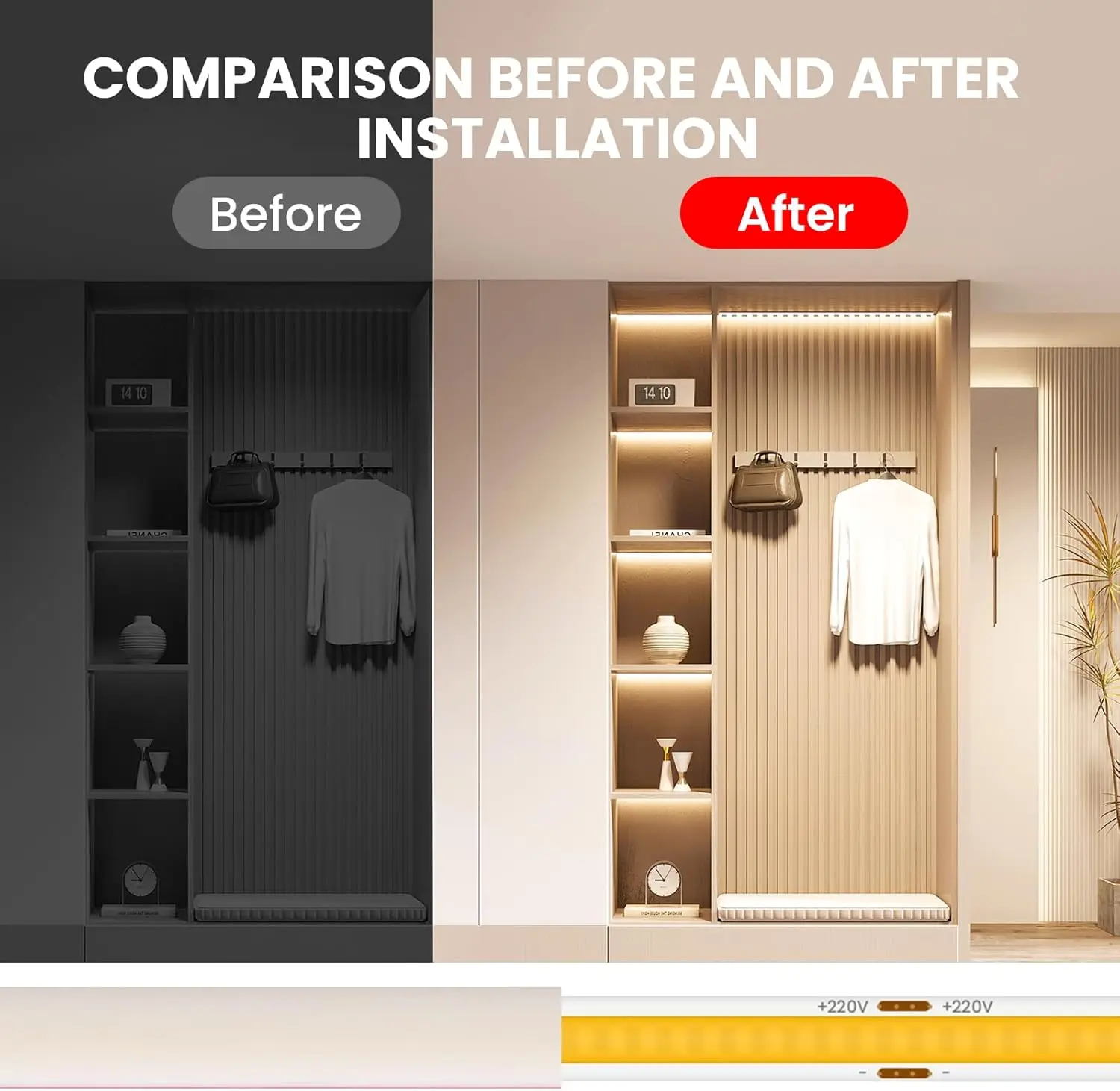 COB LED Strip 220V Switch ON/OFF with EU Plug 220V LED Strip Lights Flexible Lamp Tape for Kitchen Home Room Decor