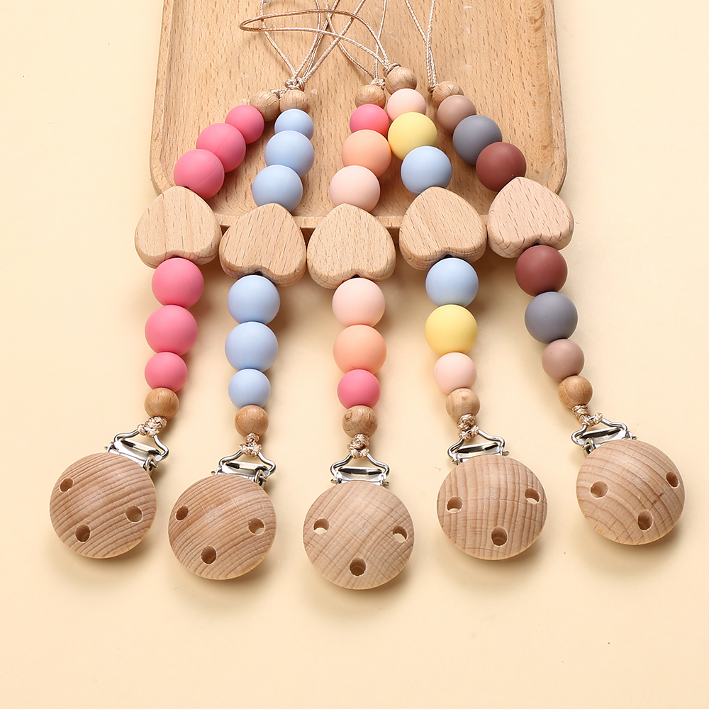 New Heart Wooden Beech Clip Baby Pacifier Chain Silicone Beads Dummy Nipple Holder Guard Teether Pendant Newborn Chew Toys Gift