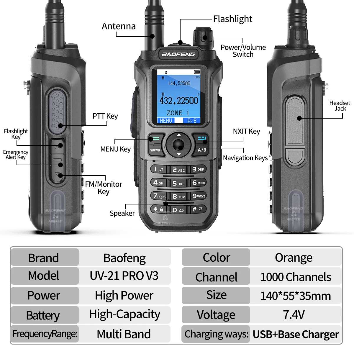 Baofeng UV-21 Pro V3 Walkie Talkie programación Bluetooth multibanda copia inalámbrica de largo alcance frecuencia carga tipo c Radioaficionado
