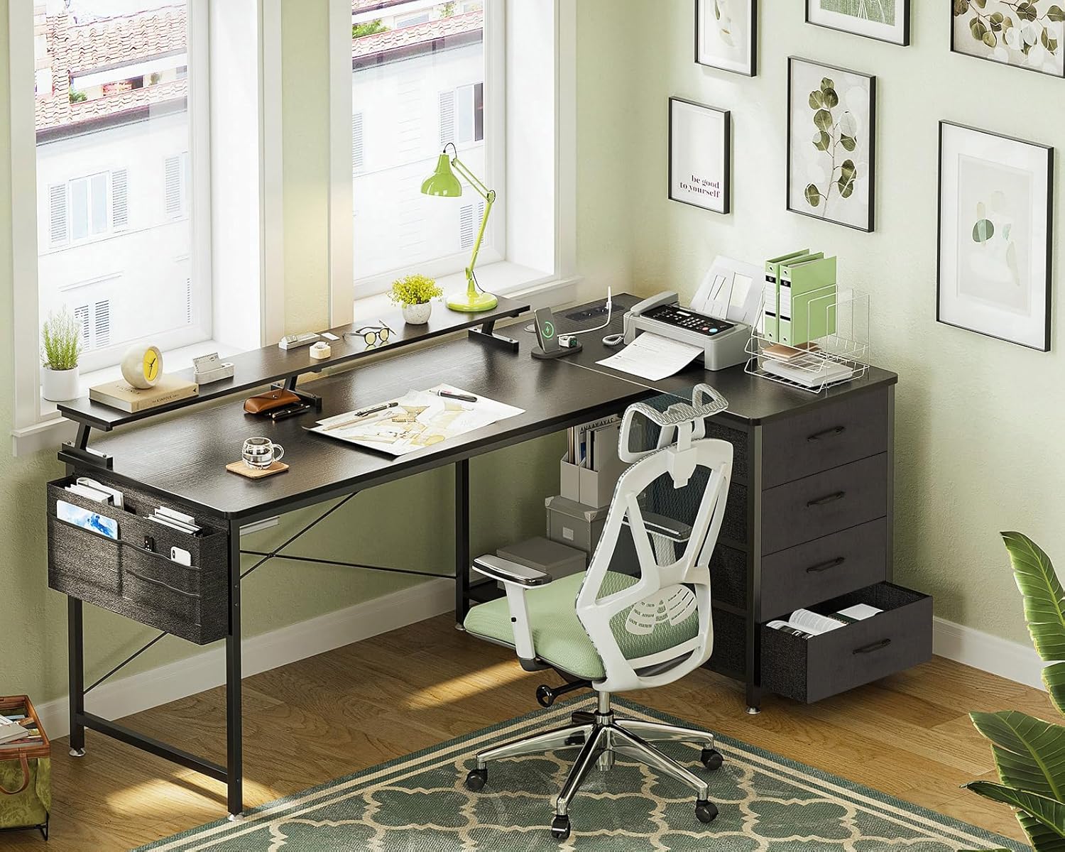 Schreibtisch L Form Schwarz, Corner Schreibtisch Reversibel mit 4 Schubladen, 140x80x84,7cm Ecktisch mit 2 USB-Charging Port&2