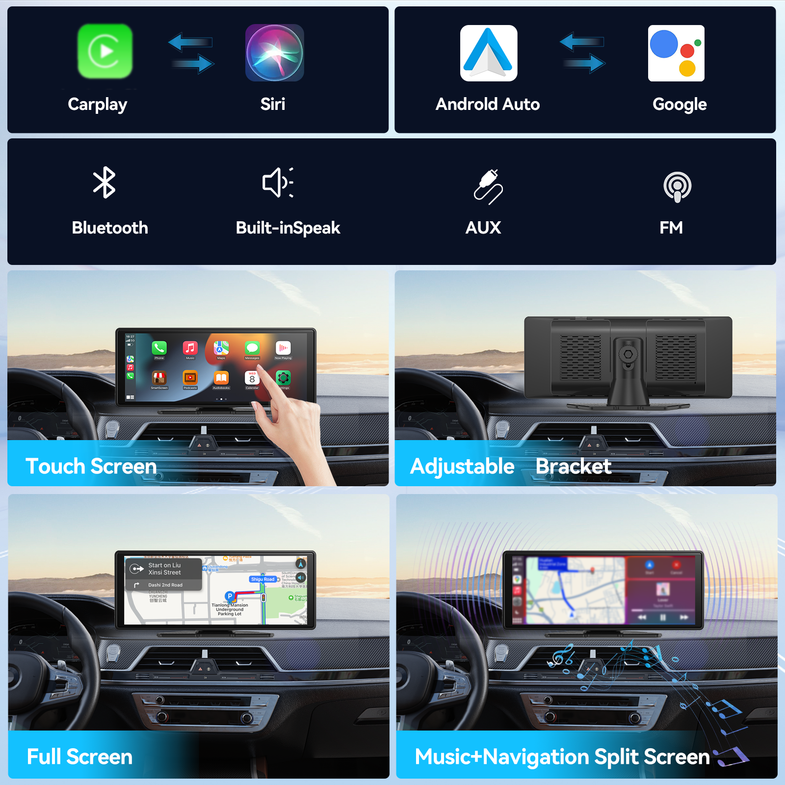 Pionray 10,26 "Универсальный CarPlay Android Auto автомобильный радиоприемник мультимедийный видеоплеер IPS сенсорный экран с AUX USB камера заднего вида