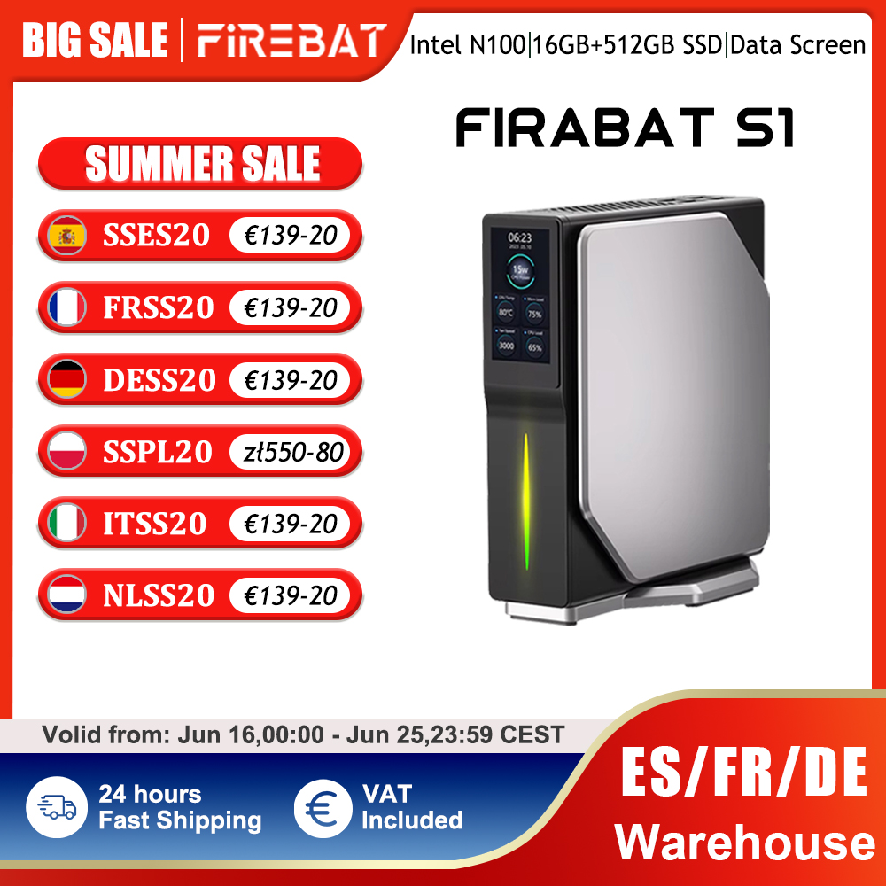 FIREBAT-Mini PC S1 12th Alder Lake N100, 16GB, 512GB, DDR4, MiniPC para jugadores de escritorio, WiFi5, BT4.2, visualización RGB
