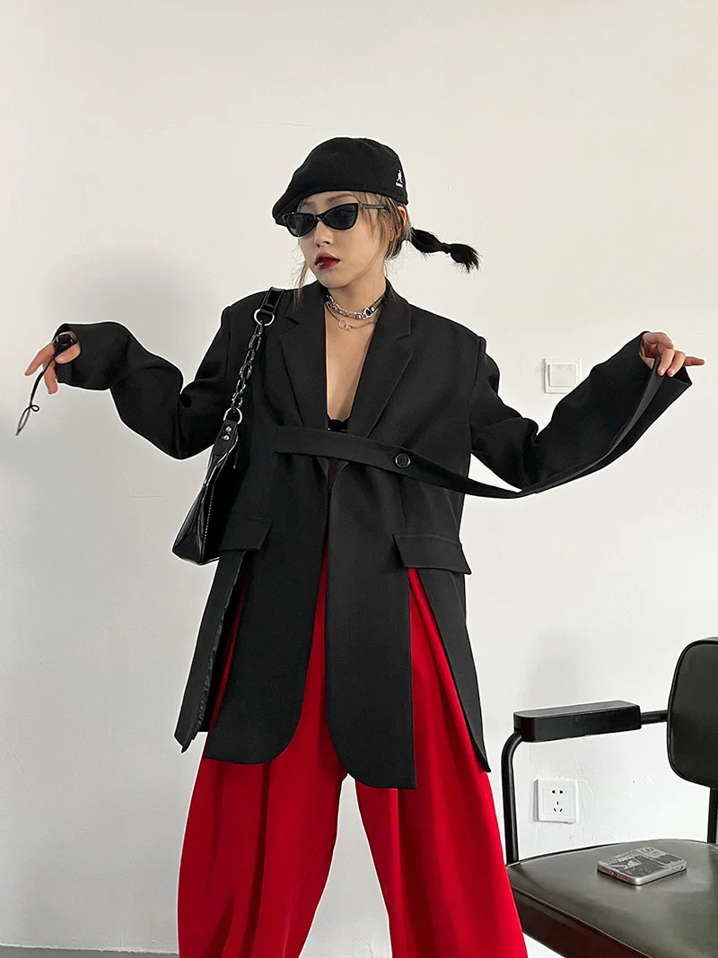 Blazers estilo rua feminino, design criativo, cintura com cinto, estilo europeu e americano com bainha dividida, nova chegada, 2024