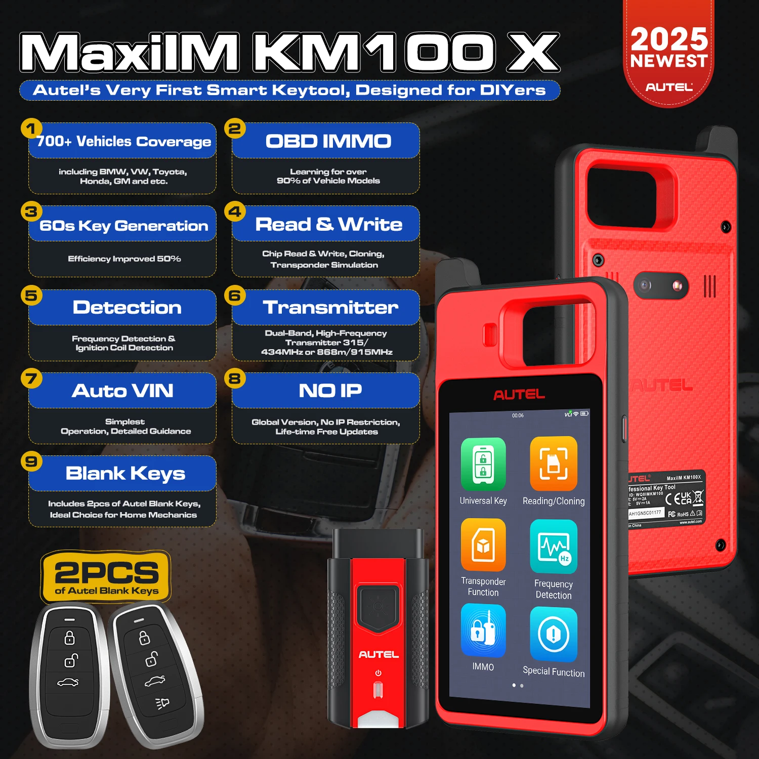 Autel MaxiIM KM100 Programator Kluczyków Samochodowych Narzędzie do Programowania Immobilizera 2 SZT. Autel IKEY do Generowania Kluczy z Lat 60. OBD IMMO Nauka Kluczy w 99% Samochodów
