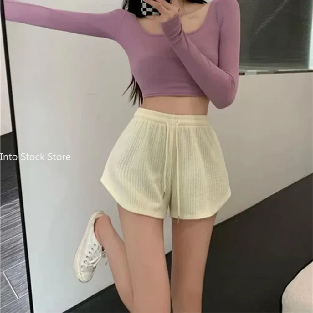 여성 반바지 여름 높은 탄성 레이스 업 Drawstring 넓은 다리 땀 짧은 피트니스 러닝 반바지 루즈 캐주얼 대형 스포츠 바지