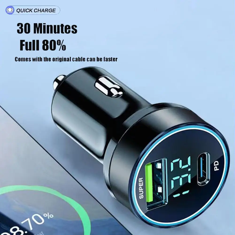 120W USB Car Charger Type C Fast Charging Phone Adapter LED Digital Display Cigarette Lighter in Car For iPhone Xiaomi Samsung