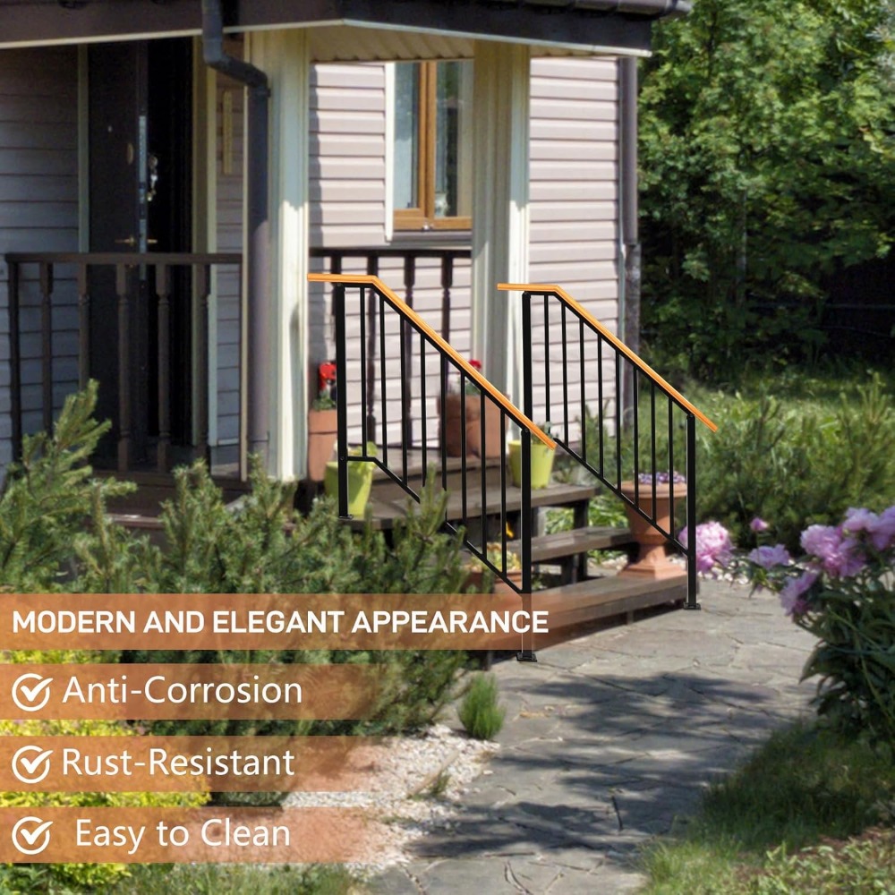 2 Pack 4 Step Handrails for Outdoor Steps, Wrought Iron Stair Railing, Metal Hand Railing with Installation Kit, Staircase Woode
