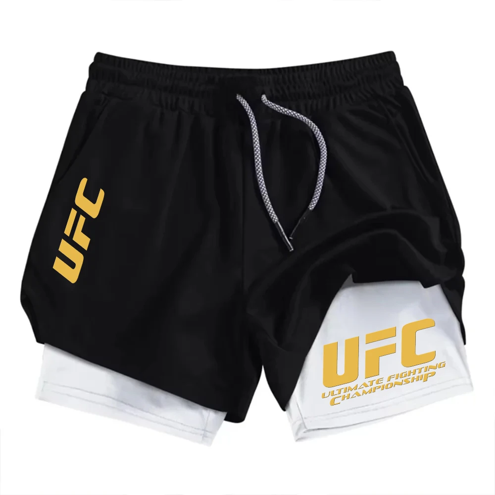 Shorts esportivos masculinos dois em um UFC, casuais, de secagem rápida, respiráveis de dupla camada, adequados para corrida e fitness no verão