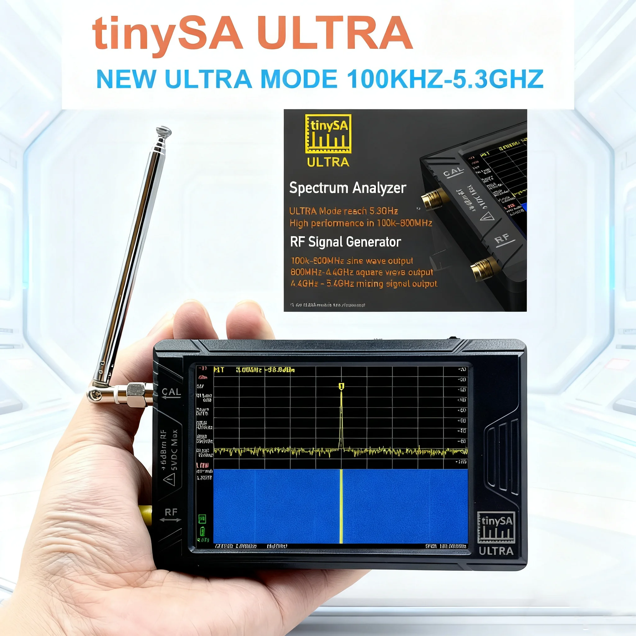 TinySA ULTRA 100 KHZ-5,3 GHz 4 inch display Handheld Tiny Spectrum Analyzer RF-generator met batterij