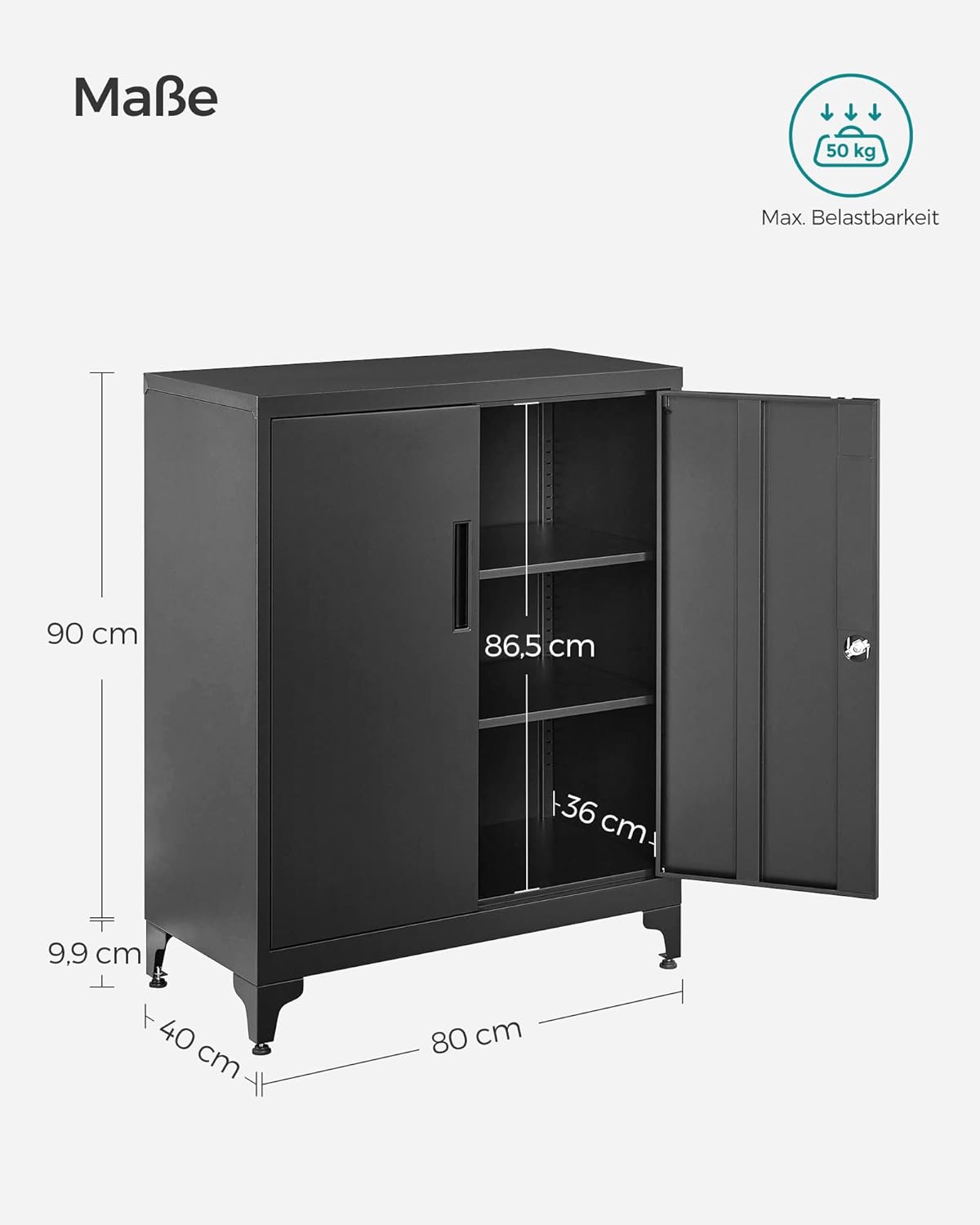 Büroschrank mit 2 Türen, Schrank abschließbar, Stahlschrank, für Arbeitszimmer, Wohnzimmer, Mattschwarz OMC01