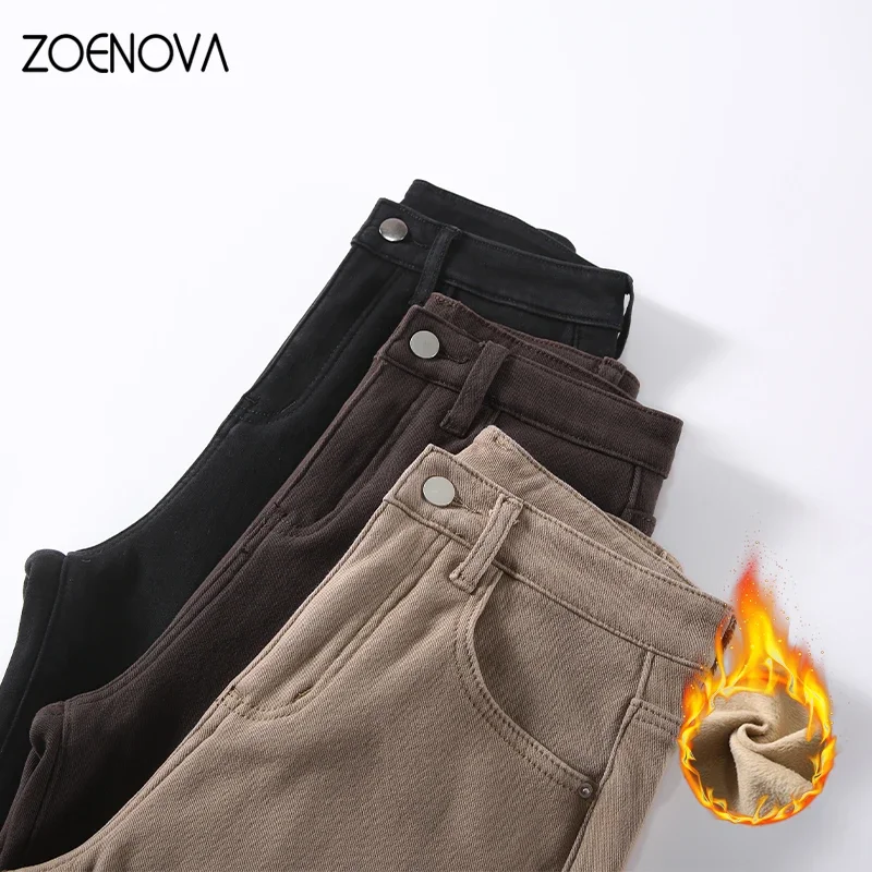 Zoenova 2022ファッションジーンズ厚く暖かいフリースクラシックデザインフリース冬ミッドウエスト3色暖かい女性Y2kレディースカジュアルデニム