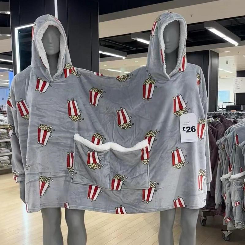 Couverture à Double capuche à manches longues, vêtements de nuit en molleton de corail pour la maison, avec motif de pop-corn, pour deux personnes et famille, nouvelle collection