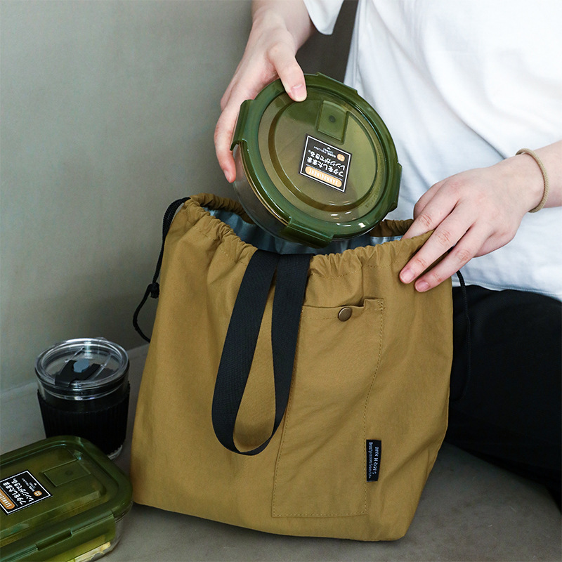 Sac à déjeuner japonais coréen en toile de coton, grand sac de rangement de pique-nique isolé thermique Portable avec cordon de serrage de couleur unie