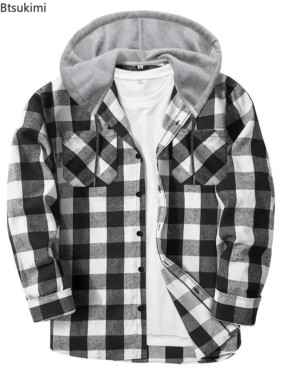 Frühling Herbst männer Plaid Shirts Lose Beiläufige Lange Ärmel Hemd Jacken Mode Mit Kapuze Strickjacke Mäntel Einfache Sport Tops für männer