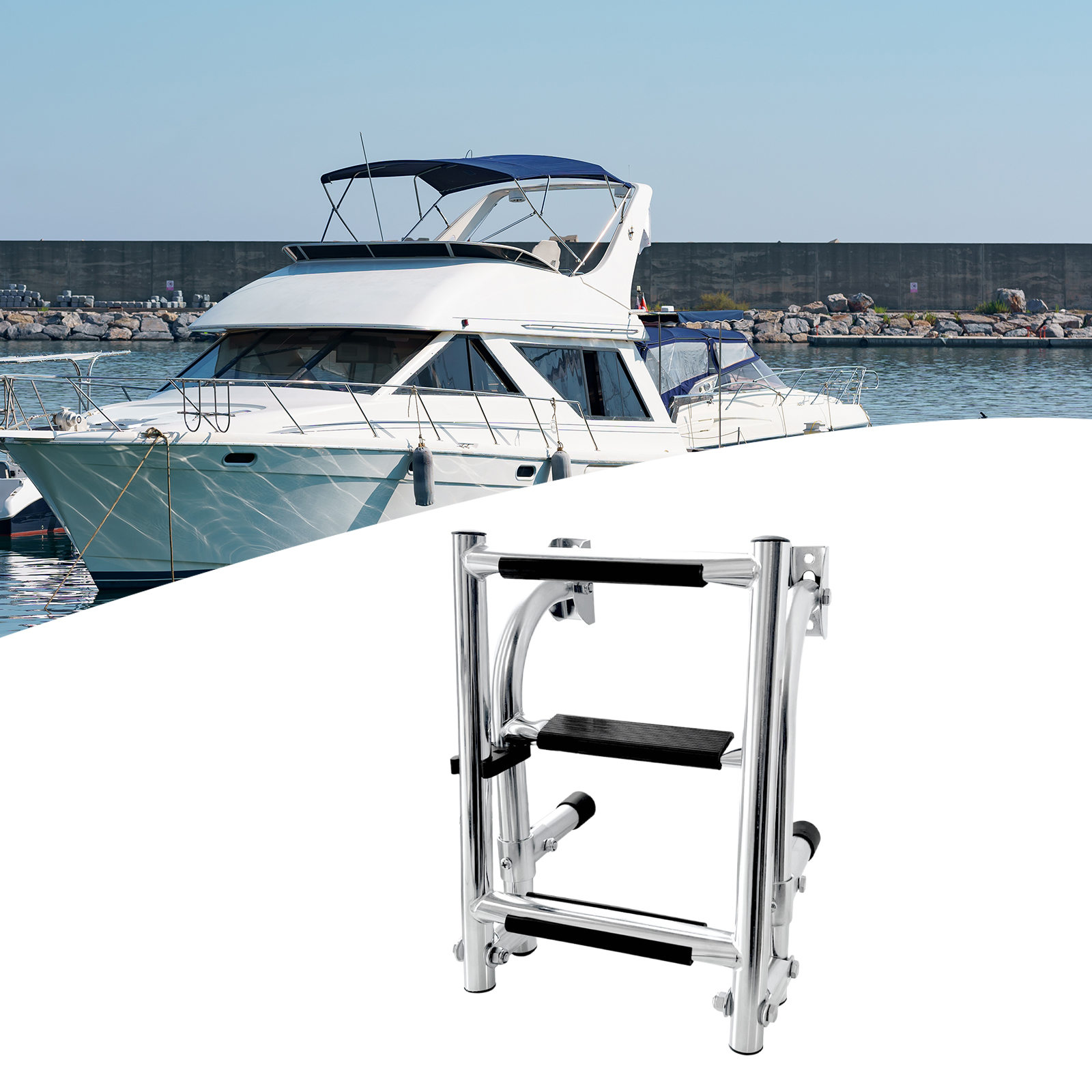 3 Steps Stainless Steel Boat Ladder Stern Ladder Gunwale-Mounted Removable Ladder Grips 2+1 Steps Transom Mount Folding