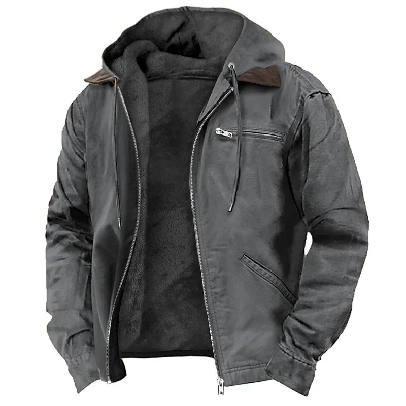 Homens outono inverno cor sólida com capuz roupas de algodão casual veludo zíper bolso com capuz jaqueta casaco moletom